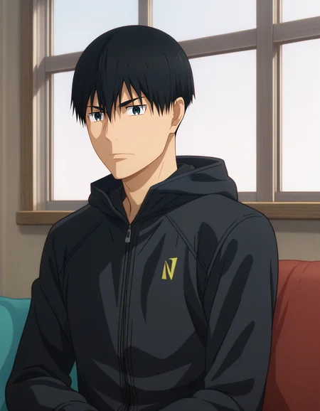 <lora:Kakeru_and_Haiji:1>,zPDXL2,kakeru kurahara,1boy,male focus,solo,upper body,hood,closed mouth,indoors,black jacket,window,hood down,sitting,anime screenshot,