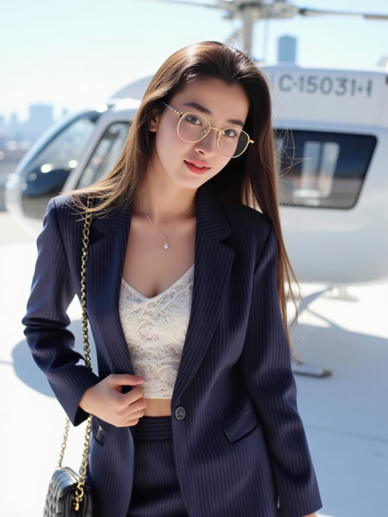 There are wonderful studio lights and various reflections,her thin face is very delicate,
18yo beautiful cute girl with blushing and female orgasm.skin naturally showing the texture of blood vessels and detailed pale skin,the sidelight outlines her sexy body curves,(looking at viewer:1.2),
--,
<lora:Rie_Miyazawa_f1p:1>,she is Rie Miyazawa,
--, --,This image shows a young woman standing in an Bright outdoor space,helipad on top of a CBD high-rise,her body slightly turned towards the camera. She is wearing a navy blue pinstriped suit,with a white lace camisole underneath,the suit jacket unbuttoned to reveal the camisole. She is wearing a pair of gold-rimmed glasses,her long hair cascading over her shoulders,and a delicate chain necklace. She is wearing black stockings and black high heels with gold embellishments. She is carrying a black quilted chain-strap bag.Her posture and expression convey confidence and sophistication and charming. the other holding her bag. The background is a blurred outdoor space and white private helicopter,White ground tarmac and the city skyline in the distance,creating a modern and refined atmosphere.The overall light is bright sunshine,highlighting the woman's elegance and charm