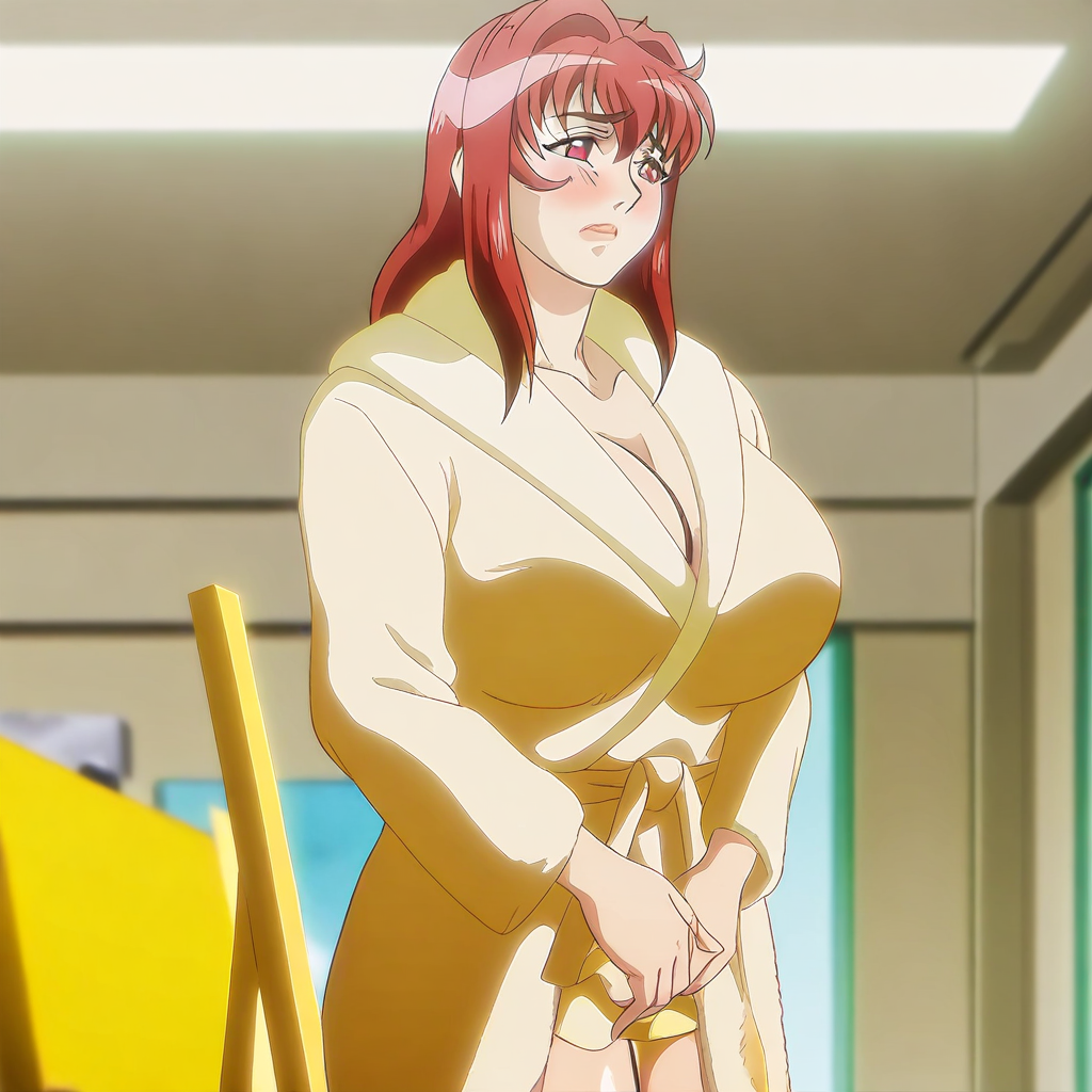 (YUR1N45UZUK4Z3:1.4), an anime styled image,YUR1N45UZUK4Z3, 1girl, long hair, red hair, red eyes, hair intakes, hair between eyes, mature female, huge breasts, solo, cleavage, looking to the side, blushing, embarrassed, yellow bathrobe, fuzzy bathrobe, yellow housecoat, cleavage, bare legs, mature female, milf, masterpiece, best quality, good quality, newest, indoors,
