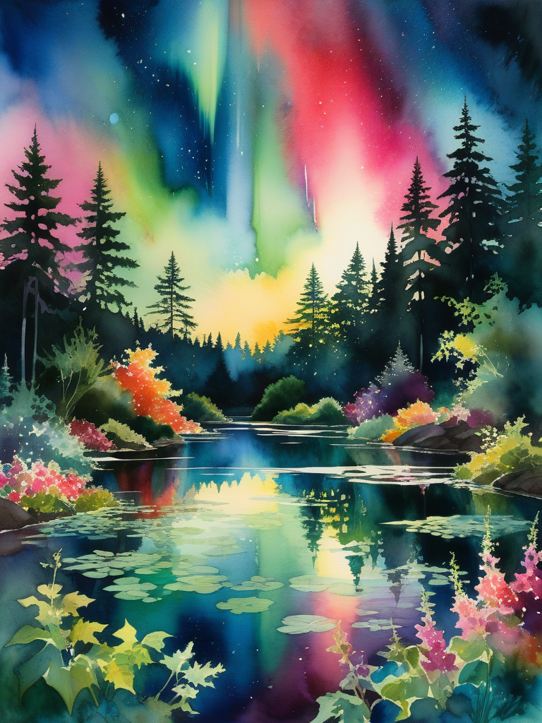 <lora:09WatercolorPainting_Hap_XL:1>,Winslow Homer style, watercolor painting, watercolor, Aurora borealis casting a kaleidoscopic glow over the lush foliage of an enchanted botanical garden, floral silhouettes intertwine with the ethereal dancing lights, juxtaposition of vibrant night sky phenomena with serene earthly greenery, captured in ultra-clear detail, natural and celestial beauty in a single, breathtaking surreal masterpiece.,