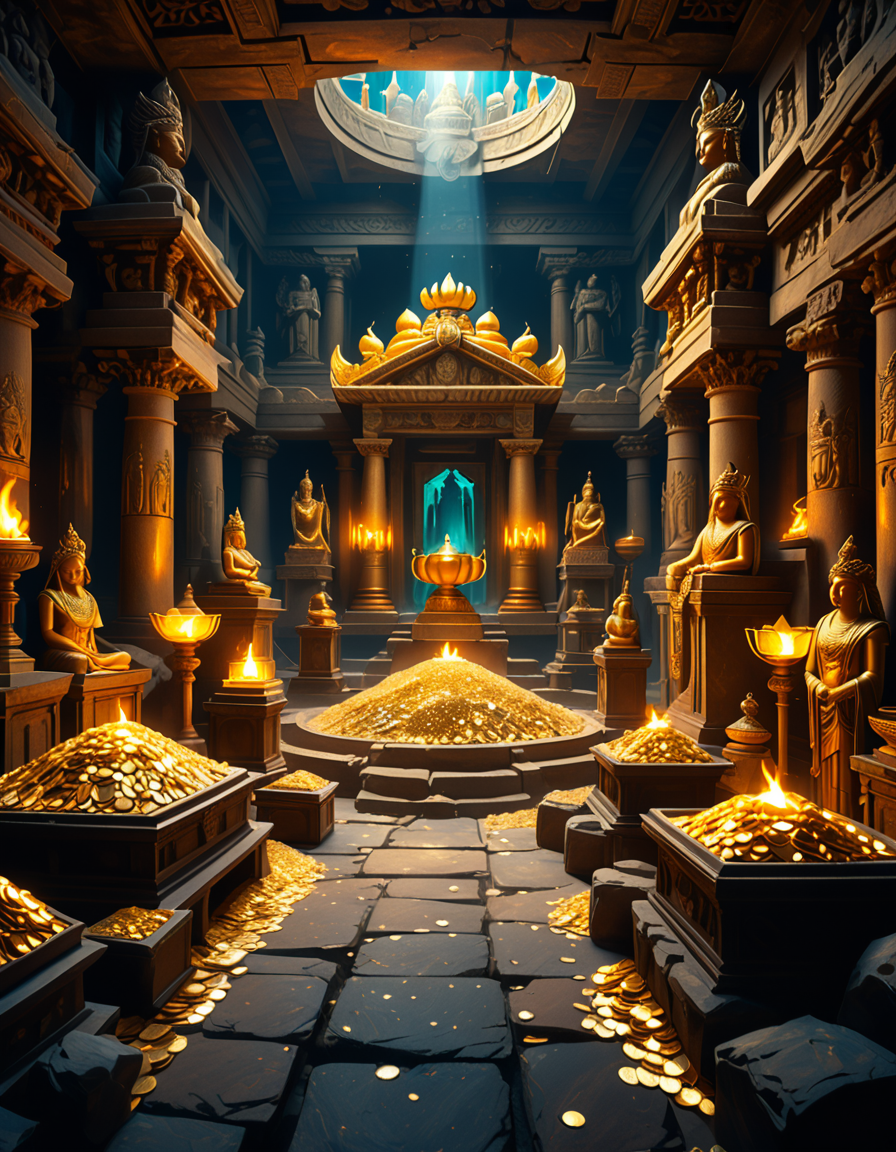score_9, score_8_up, score_7_up,amazing quality, ultra realistic, 3D, HD, best quality, amazing quality, very aesthetic, absurdres
A hidden treasure chamber deep within an ancient temple, illuminated by the warm golden glow of torches and mystical blue light from enchanted crystals. The room is filled with piles of gold coins, jewel-encrusted goblets, and ancient artifacts covered in dust. Massive stone statues of forgotten deities guard the chamber, their eyes glowing faintly as if watching intruders. In the center, a grand pedestal holds a legendary artifactâan ornate golden crown encrusted with emeralds and sapphires, shimmering with an otherworldly aura. The walls are adorned with intricate carvings depicting lost civilizations, and creeping vines hint at centuries of abandonment. The atmosphere is mystical and slightly eerie, with a sense of both wonder and danger. The air is thick with the scent of aged parchment and burning incense, adding to the chamberâs ancient and mysterious feel. Cinematic lighting with dramatic shadows enhances the depth and richness of the scene, creating a visually stunning and immersive environment.
<lora:SDXLFaeTastic2400:0.4> <lora:extremely_detailed:0.4> extremely detailed,treasure ch4mb3r, <lora:treasure_ch4mb3r-p:1>