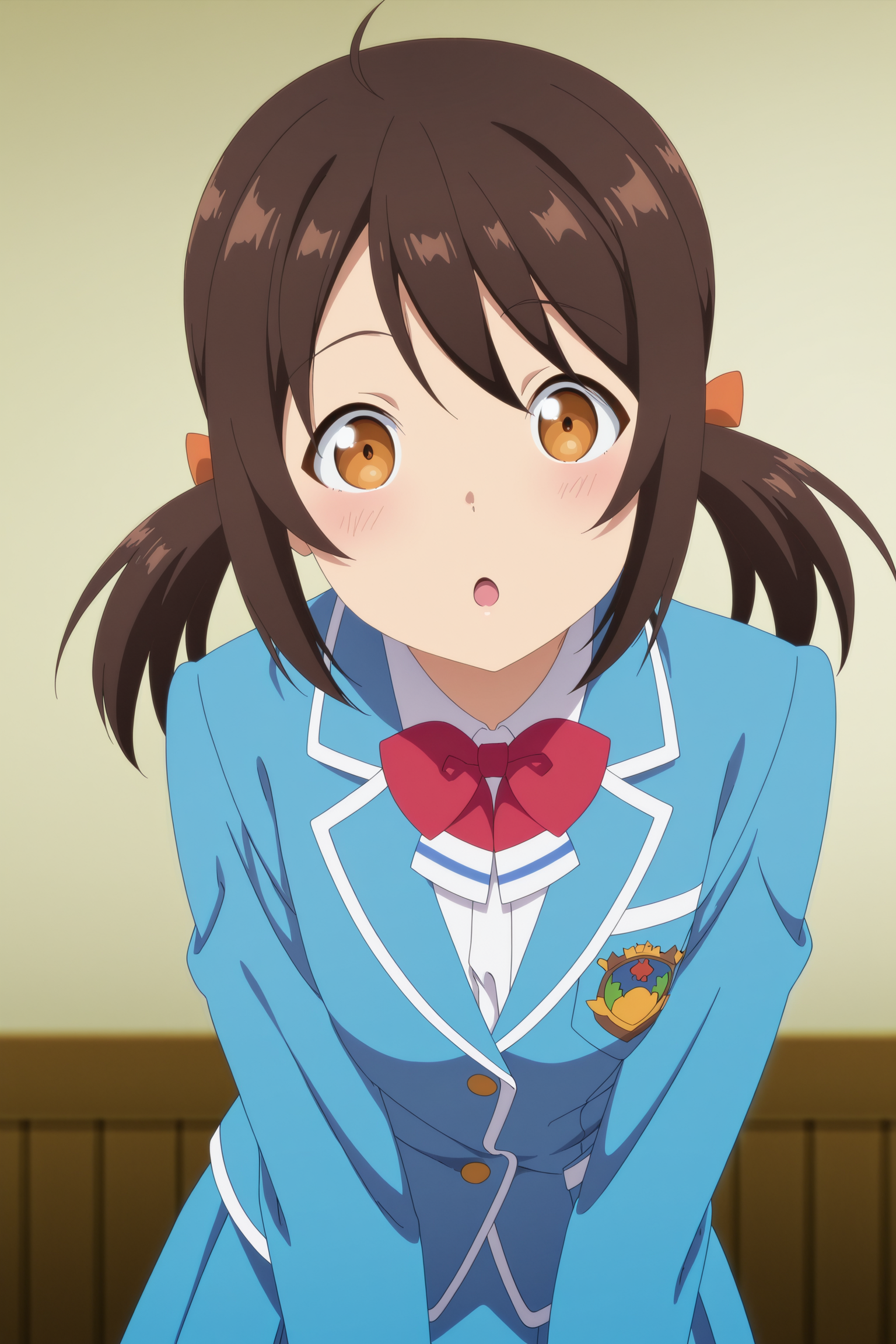 anime coloring, anime screencap, masterpiece, best quality, amazing quality, detailed face,
 <lora:Suzu_Taniguchi_Arifureta:.9>
Suzu Taniguchi, 1girl, brown hair, twintails, blue school uniform, solo, bow, jacket, red bow, bowtie, :O, cowboy shot, looking at the viewer