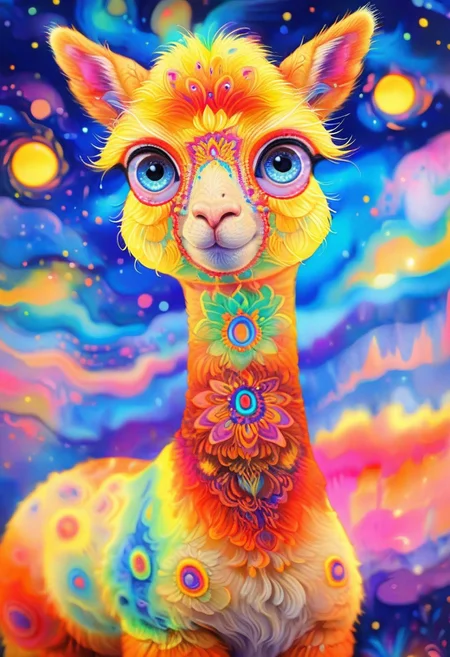 Radiant, big-eyed very fluffy alpaca at night, abstract art by Anne Truitt, Synthetism, psychedelic colors, psychadelicchaos, psychadelic, sharp focus, highly intricate, full color, confident, intricate artistic color, handsome