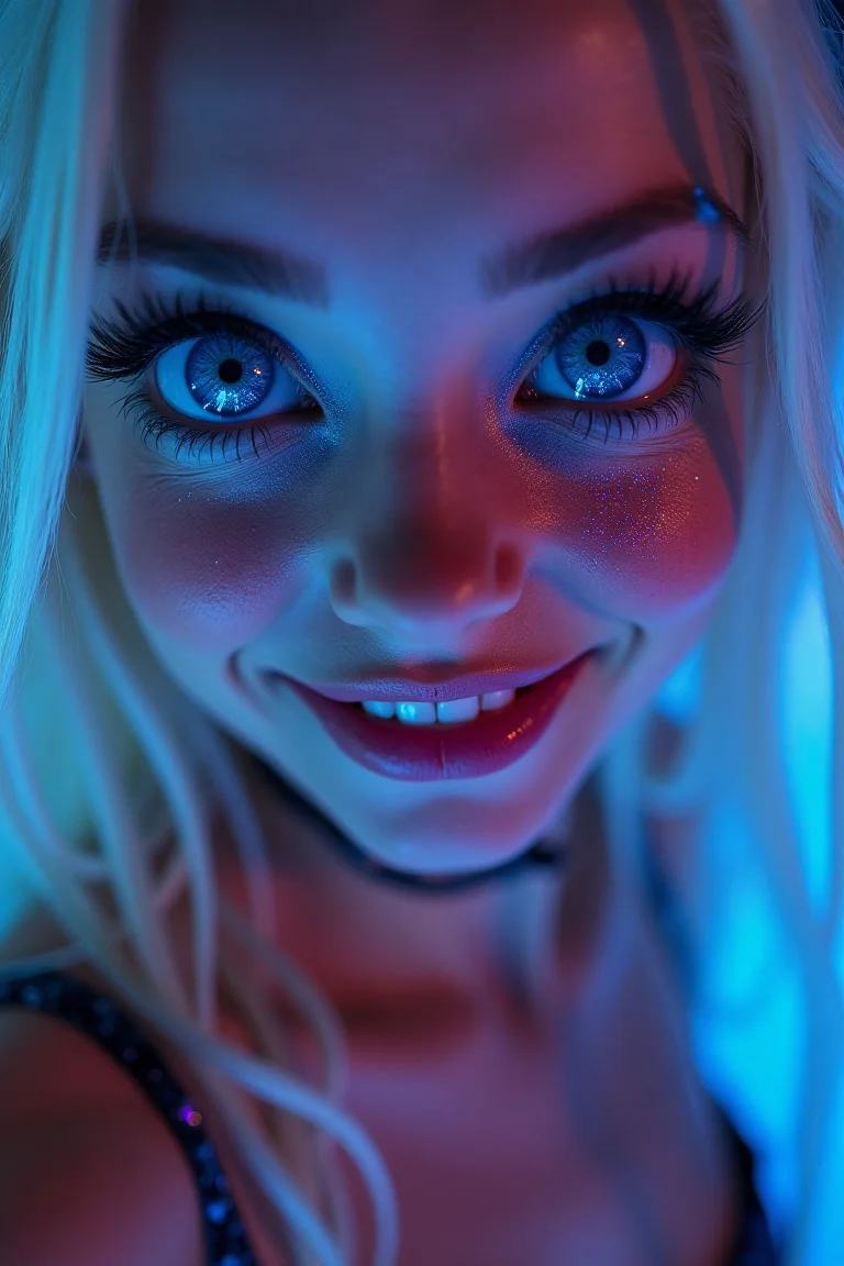 POV shot: staring into the huge otherworldly eyes of an alluring 18-year-old raver girl with long flowing blonde hair. Glittery blue eyeshadow, Winged eyeliner and long dark eyelashes frame her big expressive eyes with detailed blue irises. She grins flirtatiously, Her facial expression is playful, wild and lust-filled. Her extremely pale white skin is softly illuminated by the neon lights of the rave party, accentuating her extremely skinny figure and skimpy shiny rave bikini. She blushes, as the moon bathes the sharp features of her beautiful face in a gentle glow. The dimly lit nighttime image conveys a sense of lust and desire.