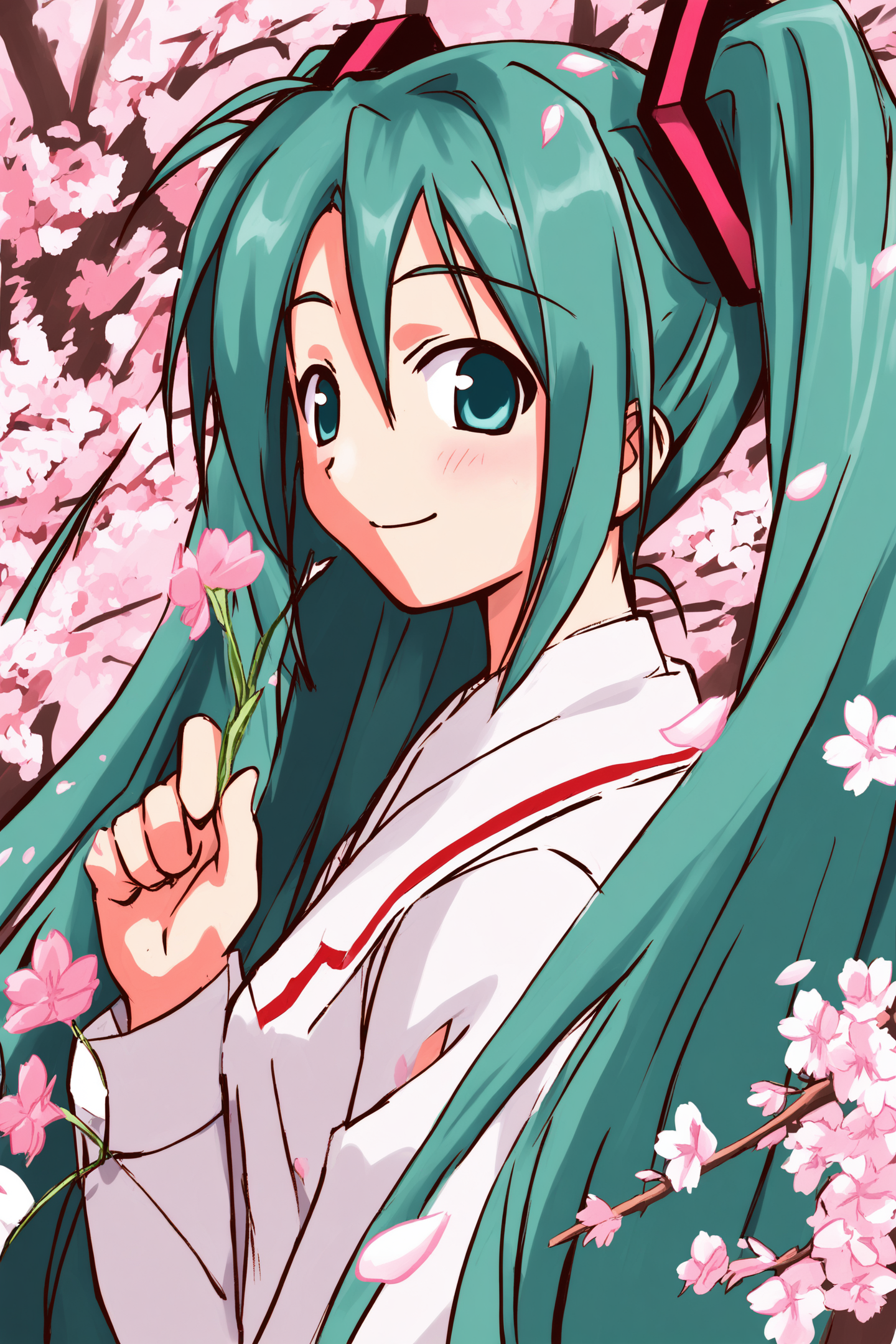 1girl,solo,hatsune miku,white school uniform,green hair,cherry blossoms,hair ornament,hanami,sakura,smile,looking at viewer,upper body,looking at viewer,
<lora:Akamatsu Ken_XL:1>,