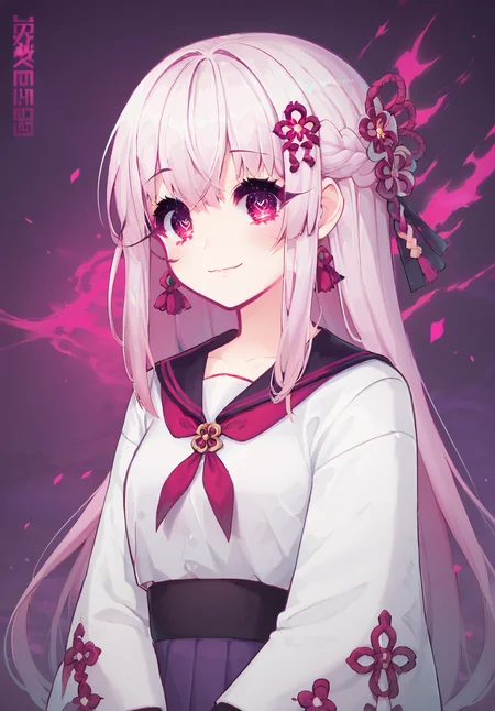 score_9, score_8_up, score_7_up, source_anime, 1girl, solo,long hair, white hair, pink hair, multicolored hair, braid, pink eyes, japanese clothes, school uniform,glowing eyes, evil smile, evil looking, detailed, open mout, glowing eyes, yandere, pose, hearts, heart-shaped pupils, cute, wide open eyes, purple theme, <lora:Geoxors_Covers_Art_Style:0.9>, <lora:Amamiya_Mirei_-_Solo_Leveling_ARISE_hunter_Pony:0.5>