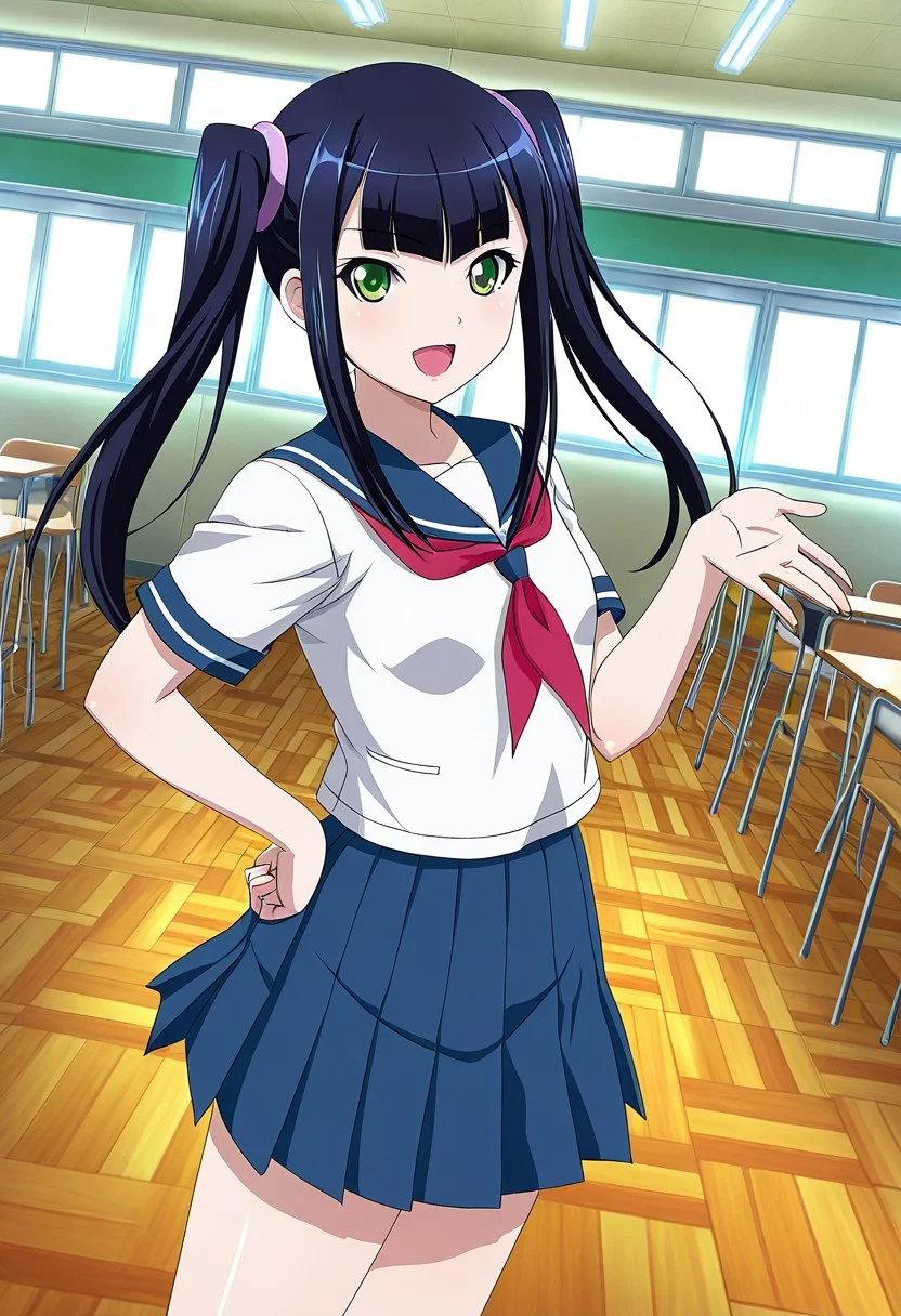 general,highres, ultra-detailed,very aesthetic,best quality ,best hands,best eyes,easynegative,
dynamic anglre, dutch angle, anime cloring,anime screencap,
1girl solo,looking at viewer,school, smile, open mouth, hand on hip,
Genpou Saji,black_hair, twintails, small breasts, green_eyes,serafuku,