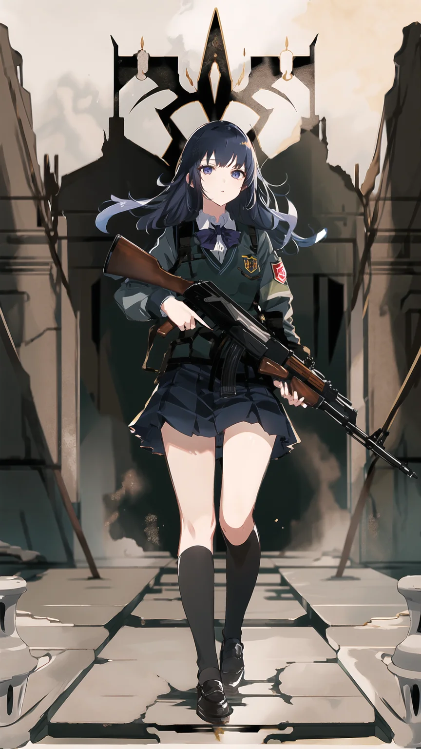 masterpiece, best quality, 1girl, school uniform, armor, tactical clothes, ruins, <lora:bettergunAK47WIP_betaWIP:0.8>, AK-47, AKM, kalashnikov_rifle, assault_rifle, holding_gun, full body, <lora:animetarotV41:1>
