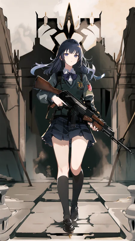 masterpiece, best quality, 1girl, school uniform, armor, tactical clothes, ruins, <lora:bettergunAK47WIP_betaWIP:0.8>, AK-47, AKM, kalashnikov_rifle, assault_rifle, holding_gun, full body, <lora:animetarotV41:1>