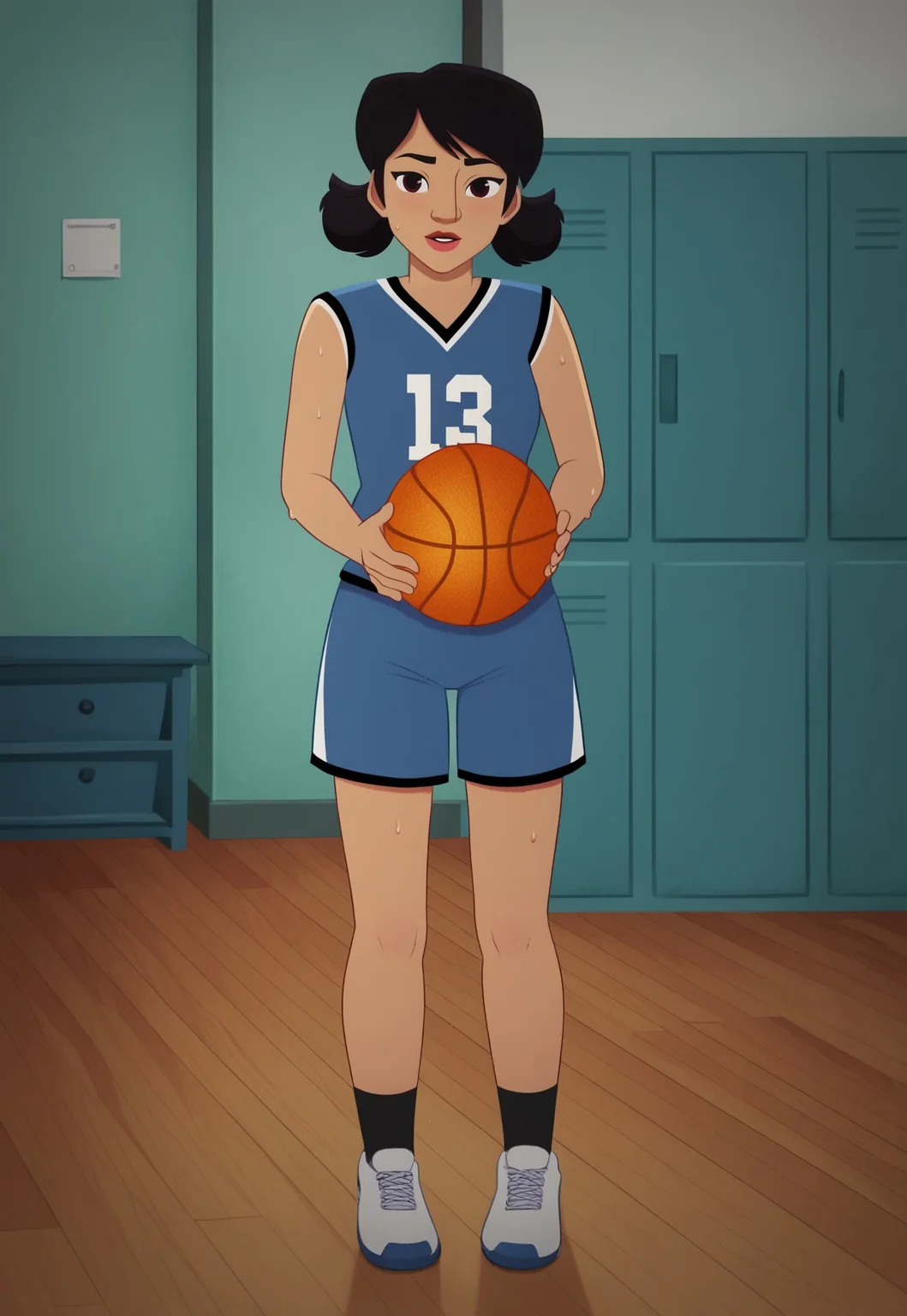 (zPDXL3) source_cartoon, handsfree, Perfect Hands, full body, 1girl, solo, locker room, indoors, , smile , looking at viewer ,
mari_lopez, black hair, short hair, twintails, lipstick, red lips, sportswear, basketball uniform, shorts, socks, shoes, , (sweat:1.3).