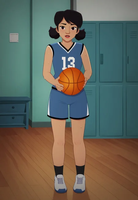 (zPDXL3) source_cartoon, handsfree, Perfect Hands, full body, 1girl, solo, locker room, indoors, , smile , looking at viewer ,
mari_lopez, black hair, short hair, twintails, lipstick, red lips, sportswear, basketball uniform, shorts, socks, shoes, , (sweat:1.3).