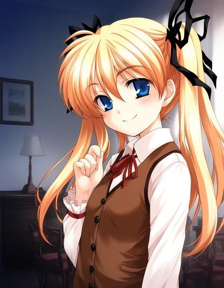 score_9, score_8_up, score_7_up, source_anime, rating_explicit, BREAK <lora:Itsukiï¼Imi_Ver2.0_XL:1> Itsukiï¼Imi, blonde hair, blue eyes, ribbon, long hair, hair ribbon, twintails, short stack,
brown vest, smile,
Western-style room,
