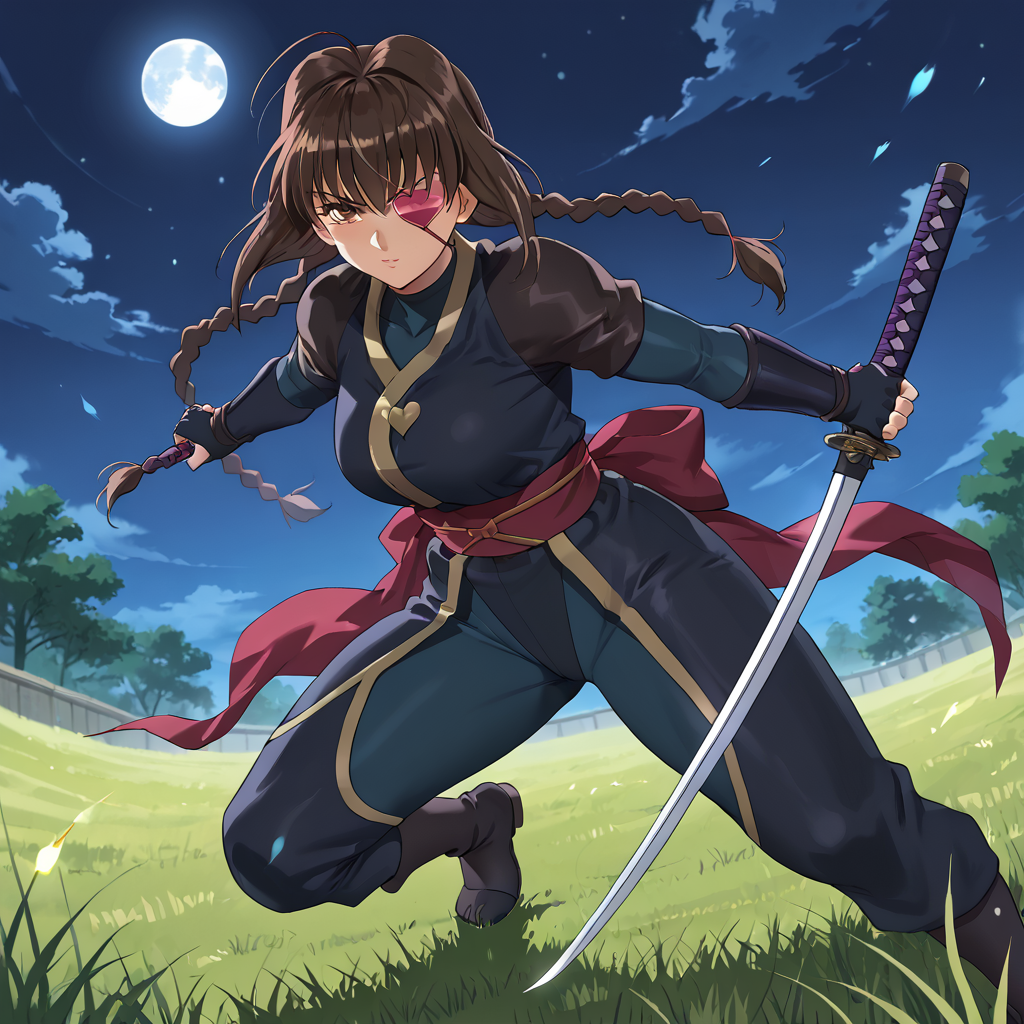 outdoors, grassy plain, nighttime, moon, <lora:Yagyu_Jubei_the_Second_-_Jubei-chan_The_Ninja_Girl-000018:.7> jubei-chan, 1girl, solo, brown hair, brown eyes, bangs, braids, low twin braids, long braids, eyepatch, heart eyepatch, ninja, kunoichi, full body, holding katana, dynamic pose,