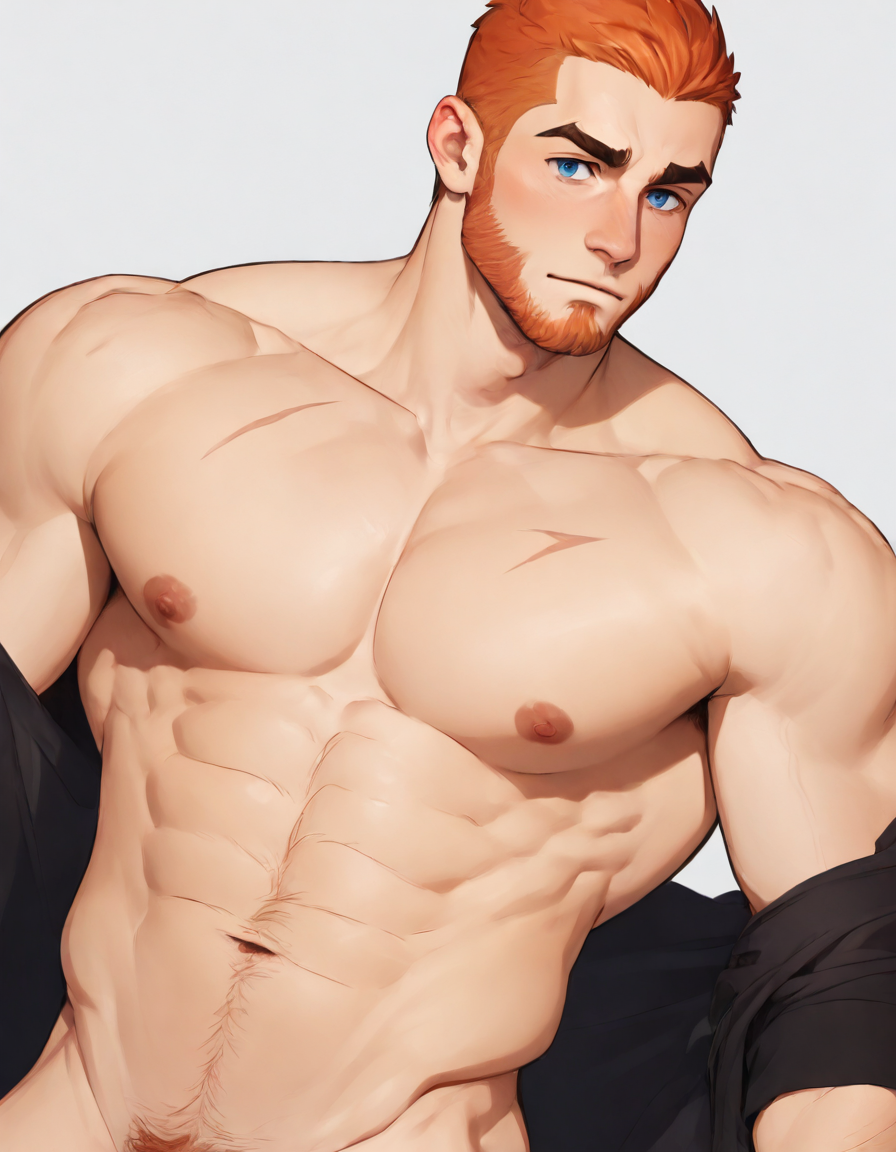 illMaleupBody, solo, looking at viewer, blush, short hair, blue eyes, navel, nipples, male focus, nude, stomach, orange hair, pubic hair, black shirt, muscular, facial hair, scar, abs, pectorals, muscular male, male pubic hair, bara, beard, large pectorals, mature male, very short hair, out-of-frame censoring, navel hair, 1boy
<lora:ILLå¡é2Dç·å­ä¸èº«illMaleupBody:0.8>,