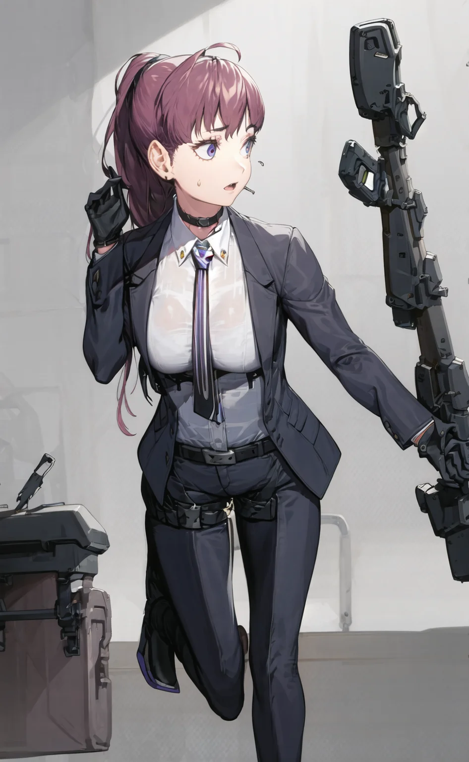 <lora:NIKKE_TetraLine_dolla_v1_epoch-000006:1:NP> best quality, ultra-detailed, dolla, 1girl, solo, long_hair, breasts, bangs, brown_hair, shirt, gloves, long_sleeves, closed_mouth,, purple_eyes, jacket, full_body, ponytail, purple_hair, white_shirt, ahoge, open_clothes, necktie, choker, black_gloves, belt, collared_shirt, pants, , black_footwear, open_jacket, black_jacket, , formal, black_pants, suit,, purple_necktie, earpiece, junkyard, abandoned factory, , (looking to the side:1.3),, (tilt head ,hand on own head:1.2), (run sprint dash, sweat, open mouth:1.2), (holding assault rifle:1.1),