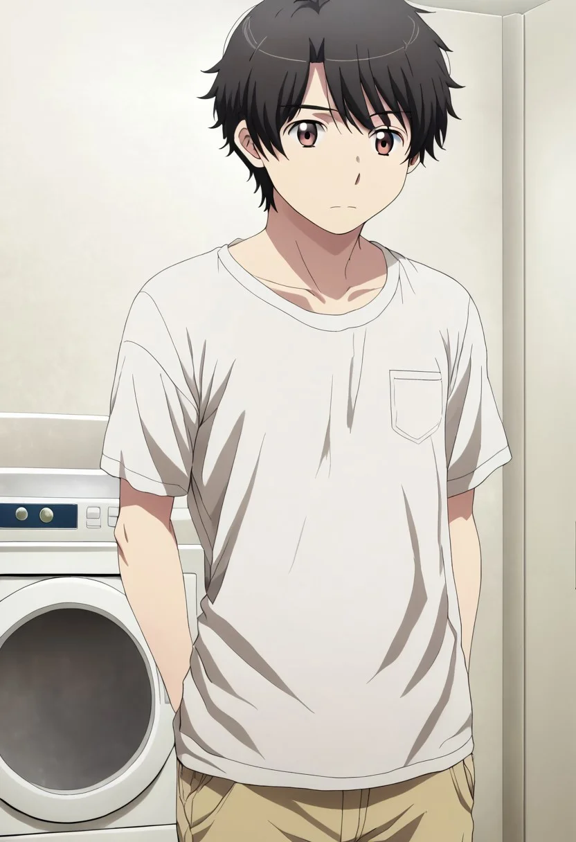 high resolution, solo, best quality, 1Boy, Inaho Kaizuka, Black hair, Brown Eyes, Laundry day, washing machine, folding clothes