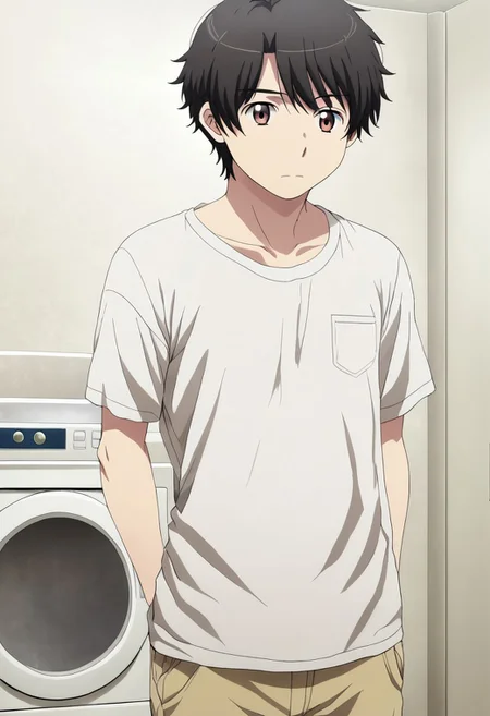 high resolution, solo, best quality, 1Boy, Inaho Kaizuka, Black hair, Brown Eyes, Laundry day, washing machine, folding clothes