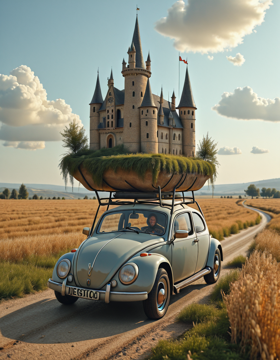 <lora:MW_Minis01ill:1> mwm01. A whimsical countryside road scene featuring a vintage Volkswagen Beetle driving through golden wheat fields under a clear sky. A smiling woman drives the car, which is topped with travel luggage secured on a roof rack. A very thick rope extends from the luggage upward, pulling a floating fairytale castle perched on a grassy, rocky island suspended far away in the sky. The castle features pointed towers, medieval architecture, and lush greenery around its base. The mood is lighthearted and surreal, evoking a sense of magical adventure. Side-angle view