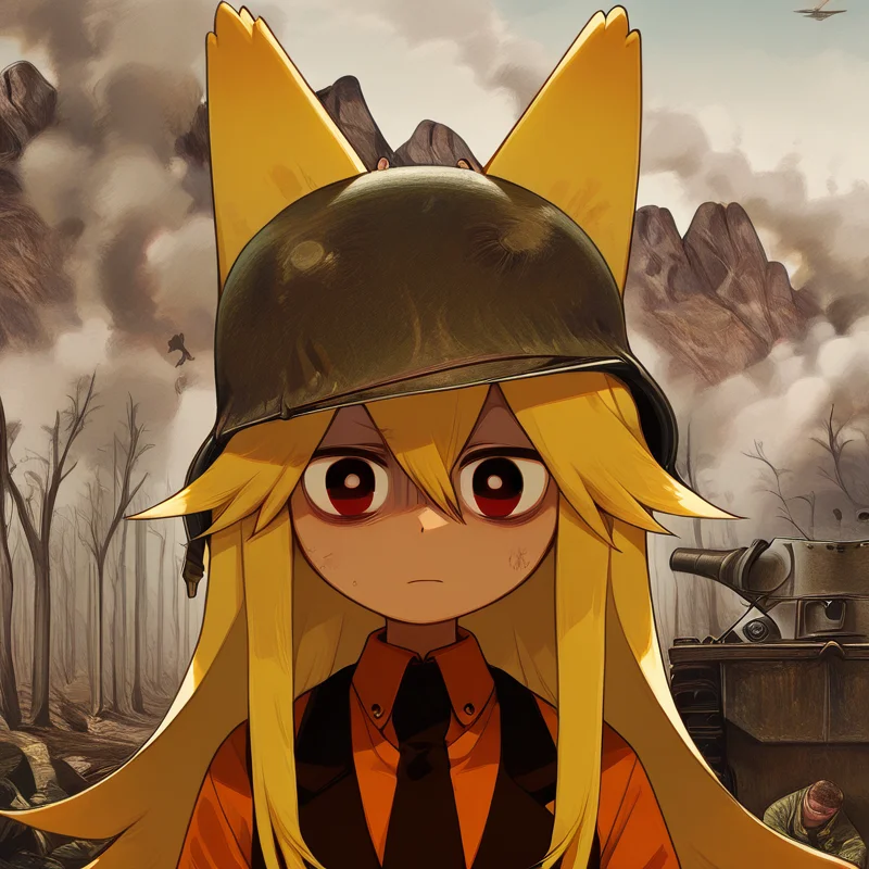 <lora:Moge_v8:1>,masterpiece,best quality,amazing quality,very aesthetic,absurdres,newest,score_9_up,score_8_up,score_7_up,detailed face,detailed eyes,Highest Quality,1girl,Moge-ko,Moge-ko girl,long hair,blonde hair,red eyes,animal ears,symmetrical face,<lora:100-yard-il:1>,mikus-cooncept,military action in background,exhausted,shocked,looks at viewer,helmet,solo,