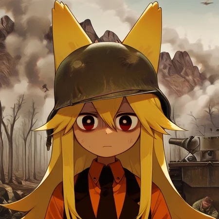 <lora:Moge_v8:1>,masterpiece,best quality,amazing quality,very aesthetic,absurdres,newest,score_9_up,score_8_up,score_7_up,detailed face,detailed eyes,Highest Quality,1girl,Moge-ko,Moge-ko girl,long hair,blonde hair,red eyes,animal ears,symmetrical face,<lora:100-yard-il:1>,mikus-cooncept,military action in background,exhausted,shocked,looks at viewer,helmet,solo,