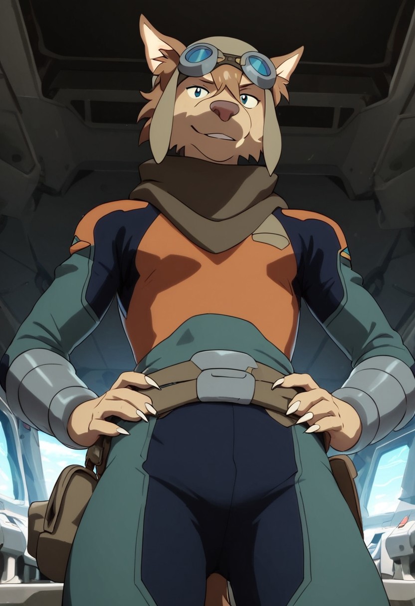 olia_voltron_gogglesON, 1girl, female furry, anthro, canide, golden fur, brown animal ears, brown hair, black eyes, small yellow tattoos on each cheeks, claws, long tail, pilot helmet and goggles, brown scarf, green and orange suit, pocket belt, score_9_up, score_8_up, score_7_up, standing, BREAK, 1girl, solo, looking at viewer, cute, smirk, from below, hands on hips, head tilt, female focus, ultra detailed, detailed background, spaceship cockpit background, masterpiece, best quality, 8k, Expressiveh, realistic, 3d,