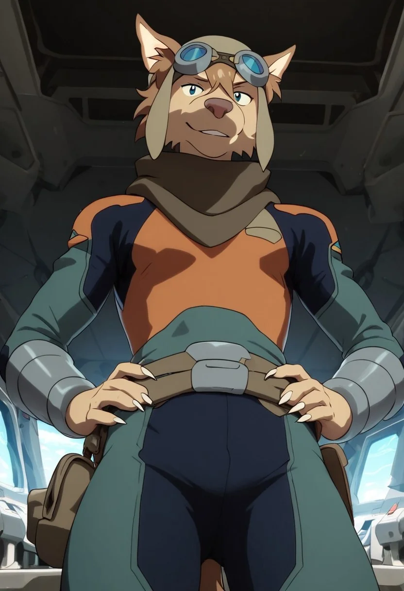 olia_voltron_gogglesON, 1girl, female furry, anthro, canide, golden fur, brown animal ears, brown hair, black eyes, small yellow tattoos on each cheeks, claws, long tail, pilot helmet and goggles, brown scarf, green and orange suit, pocket belt, score_9_up, score_8_up, score_7_up, standing, BREAK, 1girl, solo, looking at viewer, cute, smirk, from below, hands on hips, head tilt, female focus, ultra detailed, detailed background, spaceship cockpit background, masterpiece, best quality, 8k, Expressiveh, realistic, 3d,