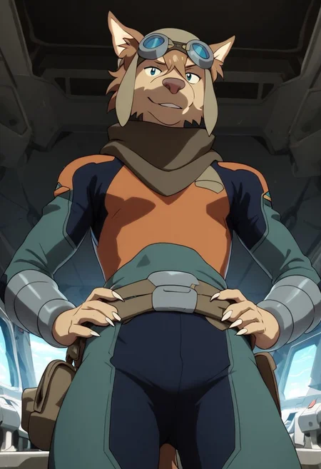 olia_voltron_gogglesON, 1girl, female furry, anthro, canide, golden fur, brown animal ears, brown hair, black eyes, small yellow tattoos on each cheeks, claws, long tail, pilot helmet and goggles, brown scarf, green and orange suit, pocket belt, score_9_up, score_8_up, score_7_up, standing, BREAK, 1girl, solo, looking at viewer, cute, smirk, from below, hands on hips, head tilt, female focus, ultra detailed, detailed background, spaceship cockpit background, masterpiece, best quality, 8k, Expressiveh, realistic, 3d,