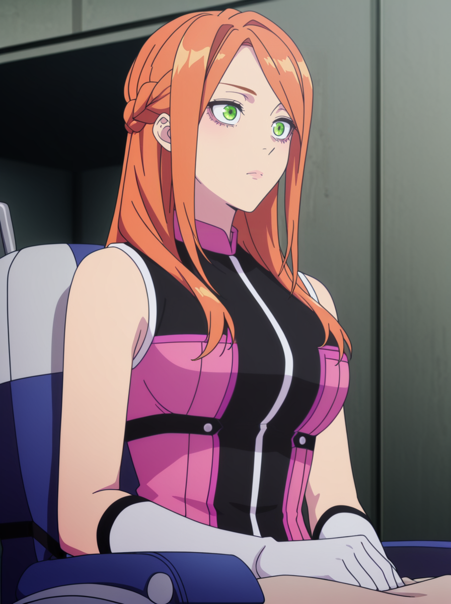 masterpiece, best quality, amazing quality, very aesthetic, absurdres, newest, anime screenshot,  anime coloring,  <lora:SeseraSakurama:1>1girl, long hair, gloves, seserasakurama, pinkjacket, orange hair, green eyes, braid, sitting