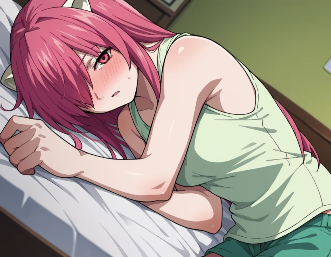 score_9, score_8_up, score_7_up, source_anime,
elfenliedlucy, <lora:elfen-lied-lucy-ponyxl-lora-nochekaiser:1>
lucy, long hair, pink hair, horns, pink eyes, hair over one eye,
shorts, tank top, green shorts, white tank top,
indoors, bed, bed room, on side, blush, drunk,
looking at viewer, dutch angle, cowboy shot,