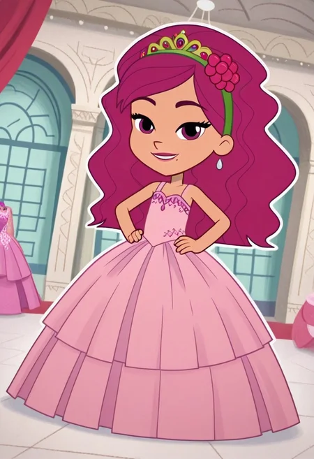 Raspberry_Tart, 1girl, solo, long hair, wavy hair, magenta hair, green headband, magenta eyes, light tan skin, mole, pink sleeveless tulle gown, poofy gown, long large floor length gown, ball gown, rhimestones. She is also wearing a tiara, hoop skirt, dome shape skirt, quinceanera, prom, pageant, (smile, dutch angle, Hands on hips, naughty pose, looking at viewer, indoors, elegant room, solo, dynamic pose, full_body, head tilt,),((white background, White frame, white outline))