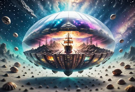 Flying boat in space, futuristic, Space_In_Shell, psychodelic, pirates,spcrft