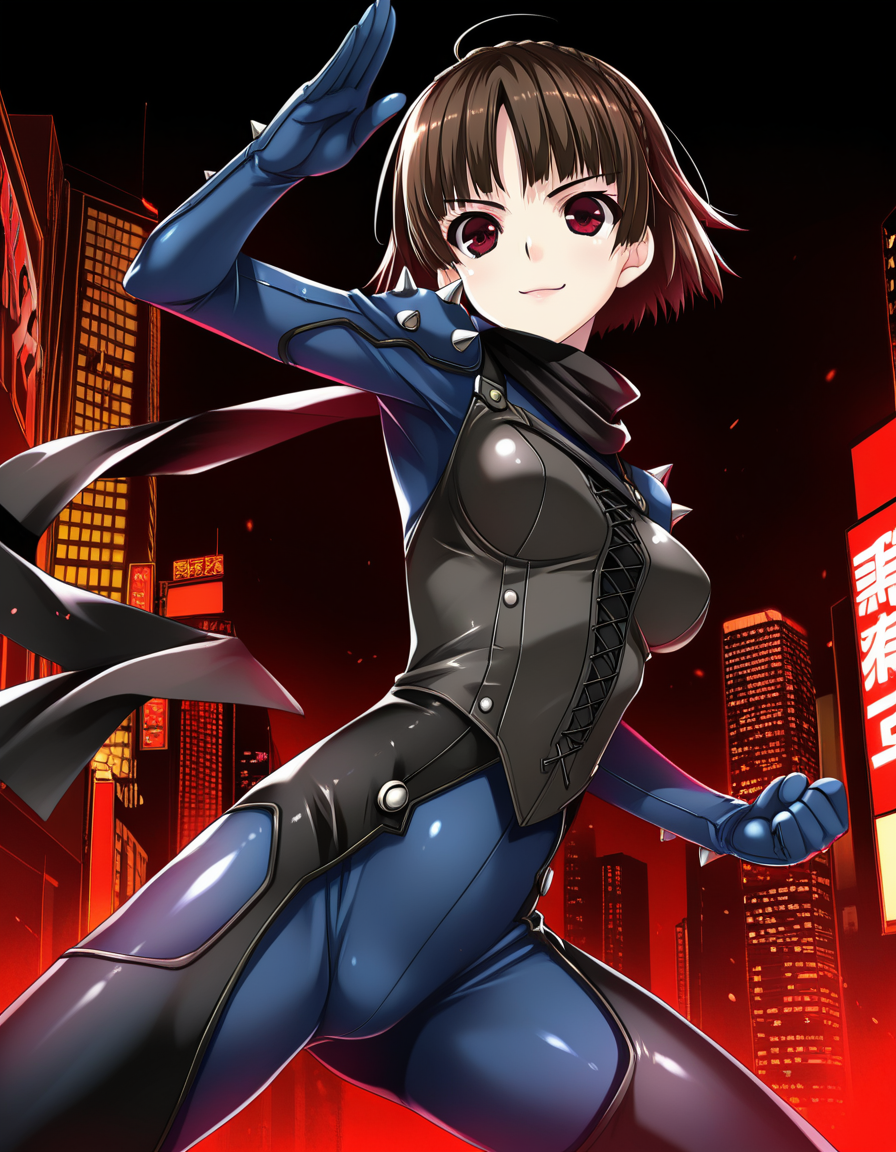 (shintarou), <lora:1_illu_shintarou_14ev2:1>, 1girl, Niijima Makoto, Persona 5, cowboy shot, brown hair, red eyes, crown braid, blue bodysuit, scarf, shoulder spikes, smile, closed mouth, short hair, small breasts, fighting stance, Tokyo, red and black background, city, (masterpiece, best quality, amazing quality),