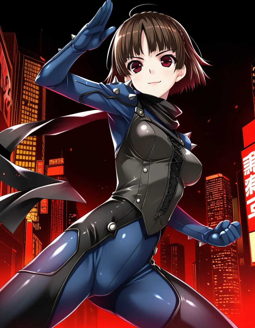 (shintarou), <lora:1_illu_shintarou_14ev2:1>, 1girl, Niijima Makoto, Persona 5, cowboy shot, brown hair, red eyes, crown braid, blue bodysuit, scarf, shoulder spikes, smile, closed mouth, short hair, small breasts, fighting stance, Tokyo, red and black background, city, (masterpiece, best quality, amazing quality),