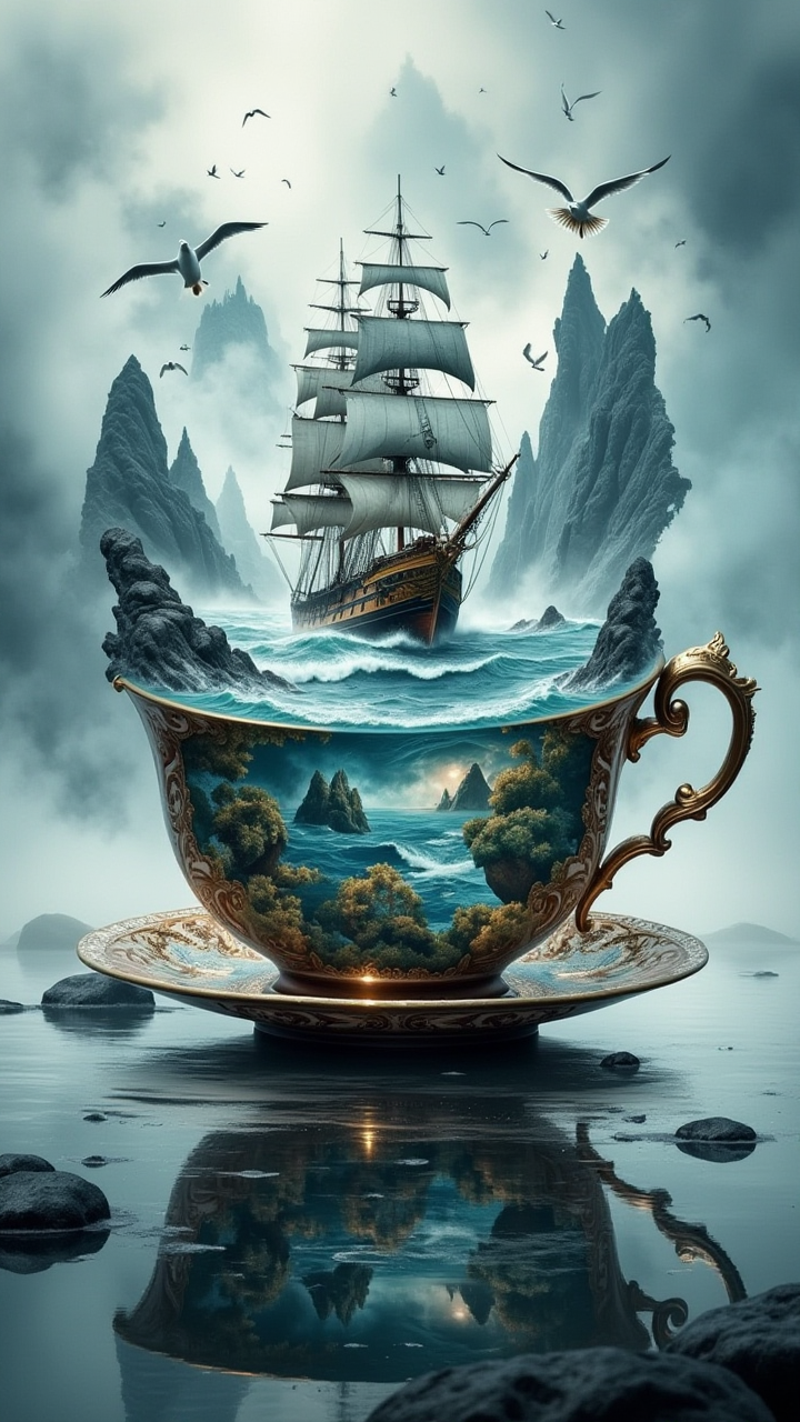 A whimsical scene of a large, ornate teacup exuding surrealism, featuring a detailed ship sailing on turbulent waters contained within the cup. The cup is richly decorated with intricate landscapes and vibrant colors, capturing a sense of adventure. Surrounding the cup, a misty atmosphere enhances the mystical feel, blending shades of deep blue and soft gray. The ship, with its billowing sails, shows a sense of movement as waves splash against its hull, while seagulls glide above, adding a touch of life to the scene. The overall aesthetic leans toward hyperrealism, with meticulous attention to textures and reflections in the water. Capture the dreamlike quality of this imaginative tableau.  bo-exposure, double exposure,