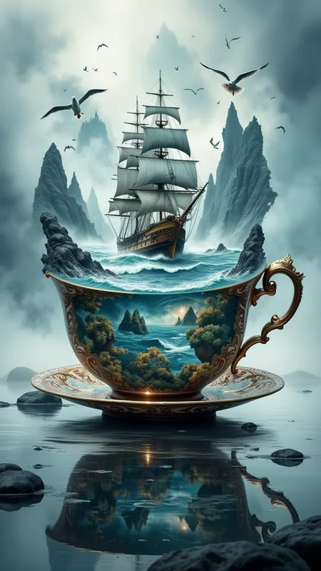 A whimsical scene of a large, ornate teacup exuding surrealism, featuring a detailed ship sailing on turbulent waters contained within the cup. The cup is richly decorated with intricate landscapes and vibrant colors, capturing a sense of adventure. Surrounding the cup, a misty atmosphere enhances the mystical feel, blending shades of deep blue and soft gray. The ship, with its billowing sails, shows a sense of movement as waves splash against its hull, while seagulls glide above, adding a touch of life to the scene. The overall aesthetic leans toward hyperrealism, with meticulous attention to textures and reflections in the water. Capture the dreamlike quality of this imaginative tableau. bo-exposure, double exposure,