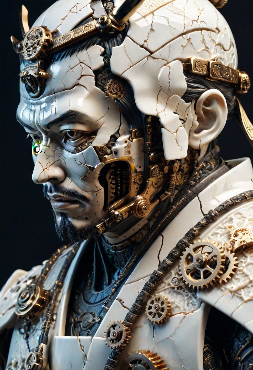 close-up of a cracked porcelain samurai statue,  fractures, intricate gears, clockwork mechanisms, steampunk transformation, detailed, dramatic shadows, hyper-realistic, cinematic lighting