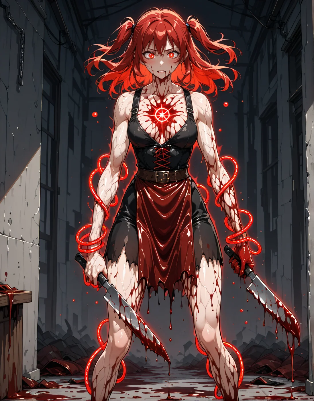 girl,standing with a knife,red hair,butcher clothes,yazloba, bloodform, blood transformation,floating blood rings,veins glowing under skin,<lora:V2.ya_arcane_elements:1>