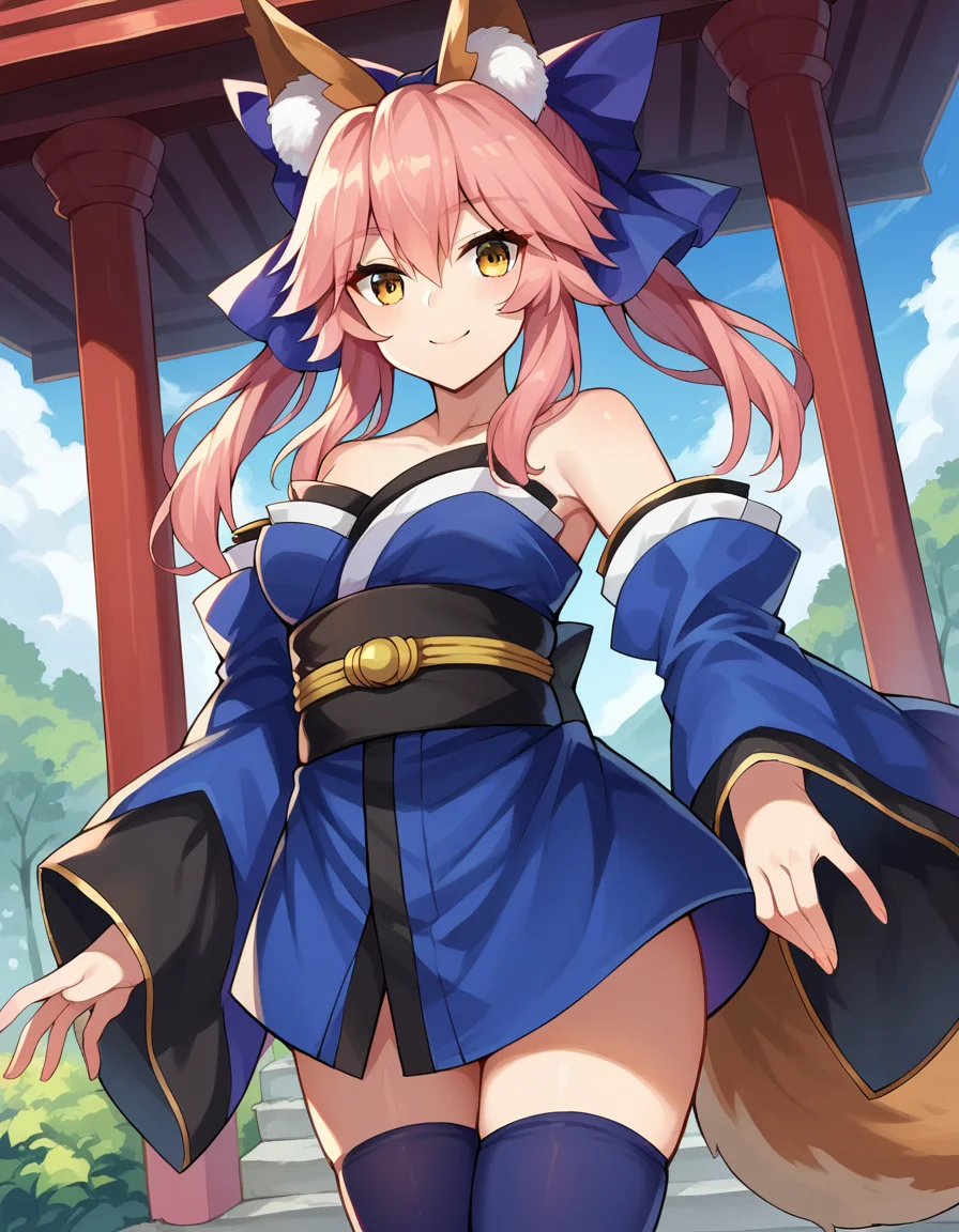 score_9, score_8_up, score_7_up, source_anime,
tamamonomae, <lora:tamamo-no-mae-ponyxl-lora-nochekaiser:1>,
tamamo, animal ear fluff, animal ears, fox ears, fox girl, fox tail, hair ribbon, pink hair, tail, yellow eyes, smile, mature female,
bare shoulders, blue kimono, blue ribbon, blue thighhighs, collarbone, detached sleeves, japanese clothes, kimono, thighhighs,
outdoors, shrine,
looking at viewer, cowboy shot, dutch angle,