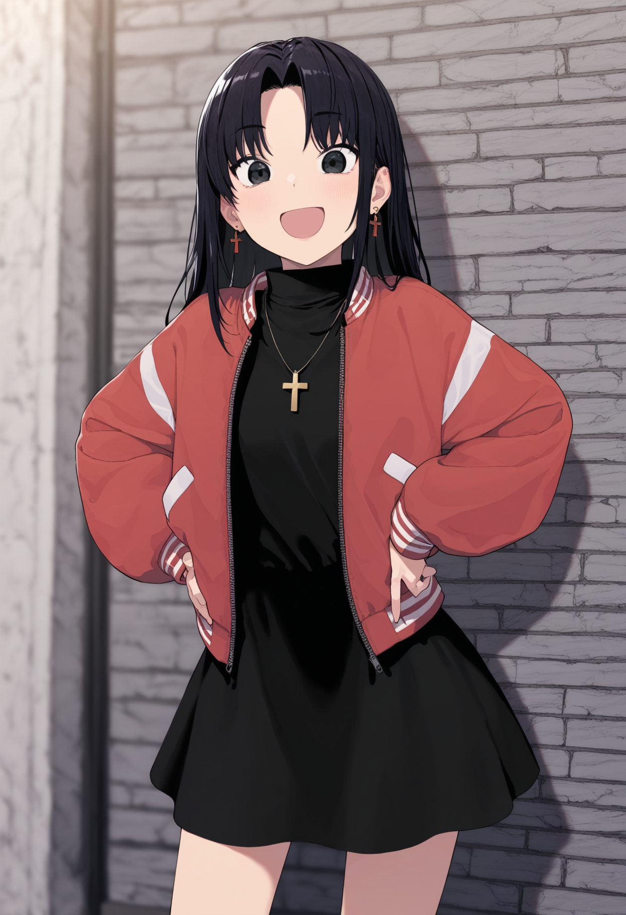 masterpiece,best quality,amazing quality,
misato katsuragi, black eyes, parted bangs, long hair, earrings, cross necklace, red jacket, long, sleeves, black dress, pose, happy, cowboy shot, hands on hips,
 <lora:Kindatsu_epoch_10:1>