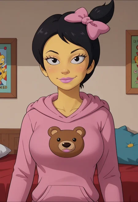 ((bedroom background)),score_9, score_8_up, score_7_up,score_6_up,
1girl, Solo, Kumiko_TS, light yellow skin, black eyes, black hair, short hair, high bun ponytail, pink hairbow, light pink lips, pink hoodie with a cute bear logo, black miniskirt, white knee socks, black mary jane shoes, tall stature, social smile, sexy face, close-up, perfect eyes, perfect smile, looking at the viewer, big breasts, detailed eyes, perfect eyes, cowboyshot, gands on hips, standing