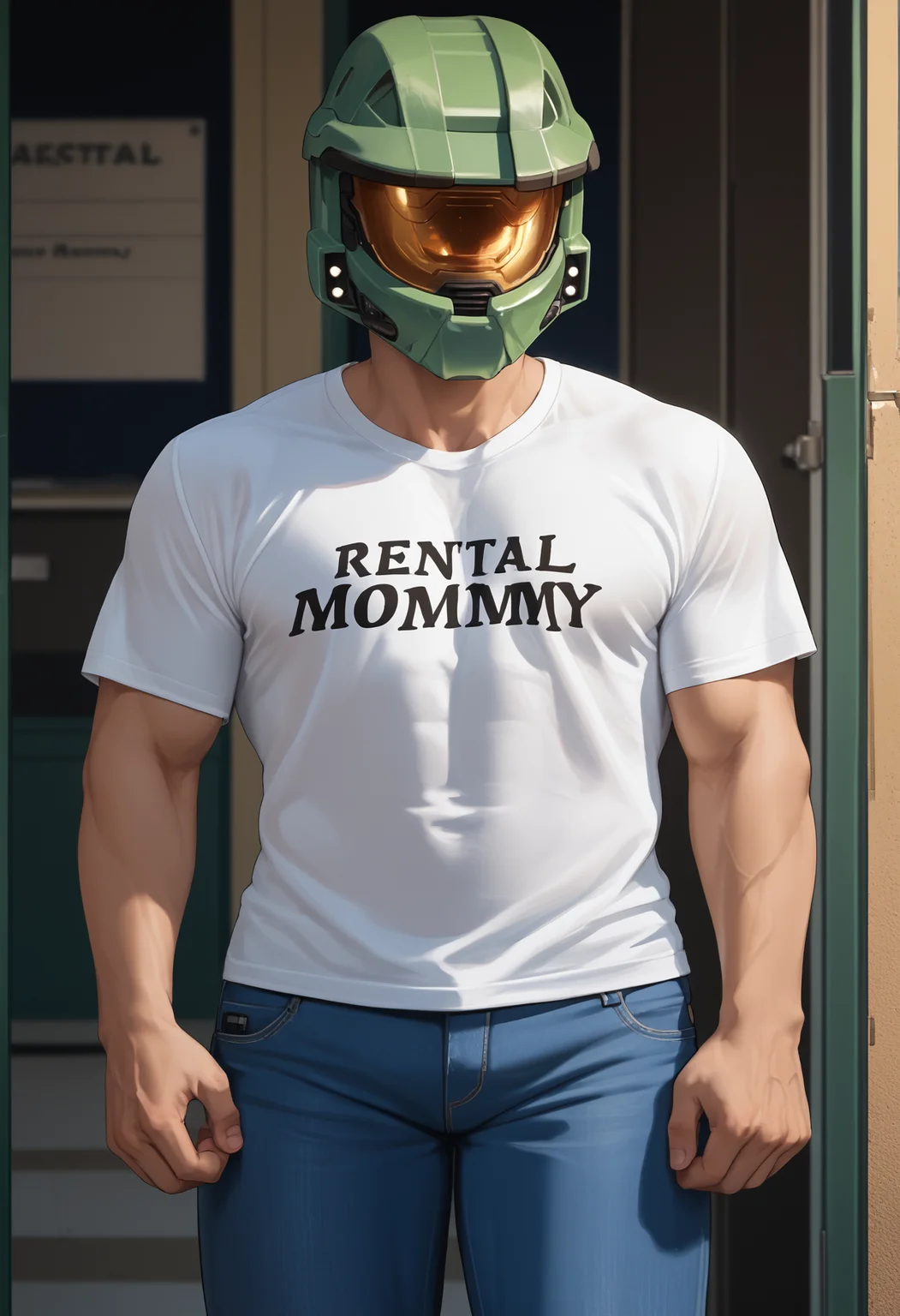 score_9, score_8_up, score_7_up, source_anime BREAK 1boy, pectorals, solo, standing, <lora:rentalmommy-outfit-richy-v1_pdxl:0.8> "rental mommy", clothes writing, white shirt, t-shirt, pectorals, jeans,
<lora:masterchief-halo-richy-v1_pdxl:1> masterchief, helmet, visor,