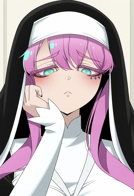 Sister Gigant, solo, nun, habit, blush, green eyes, traditional nun, :<, sidelocks, closed mouth, portrait,<lora:Sister Gigant_illustrious-000038:1>,long sleeves,white sleeves,facial_mark