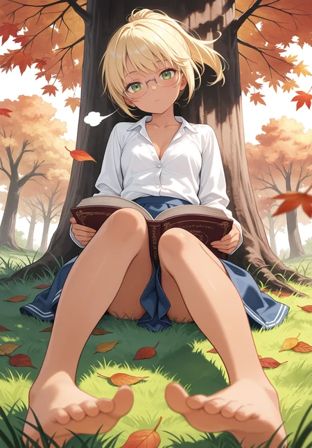 masterpiece,absurdres,best quality,high quality,<lora:Granblue Fantasy XLV3 Vpred:1>,1girl,sitting,from below,on grass,straight-on,tan,blonde hair,glasses,green eyes,ponytail,short hair,blush,dress_shirt,small_breasts,blue skirt,head tilt,looking at viewer,holding open book,against tree,solo,wind,leaf,autumn leaves,outdoors,between legs,foreshortening,depth of field,barefoot,expressionless,cleavage,sigh,