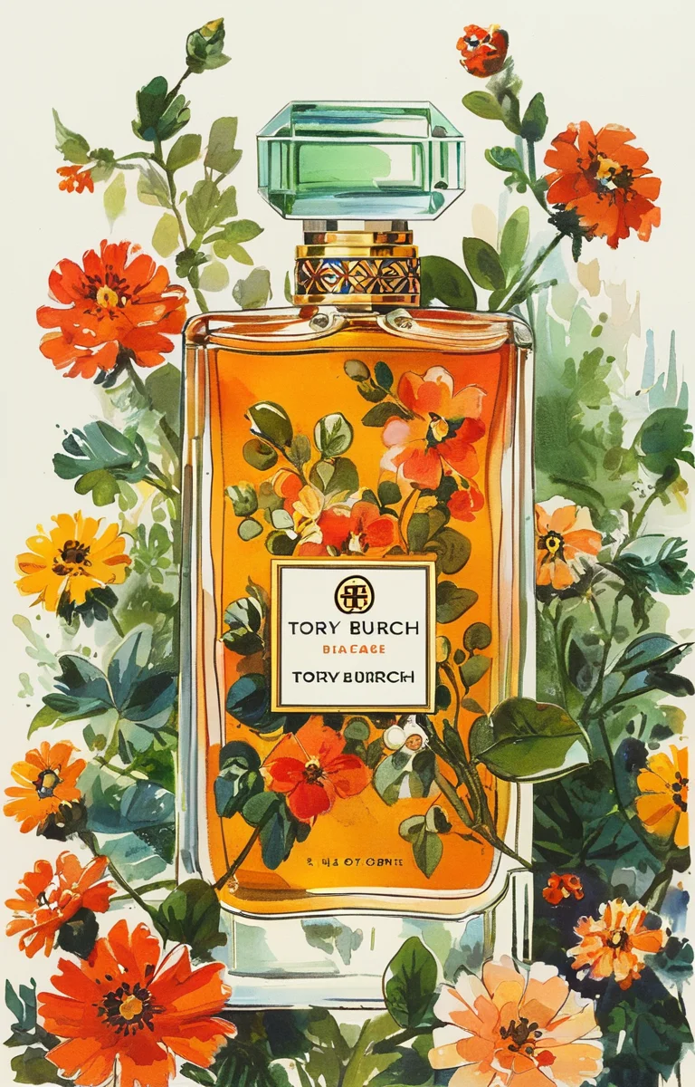masterpiece,best quality,<lora:tbh317-sdxl:0.9>,illustration,style of Tory Burch A bottle of perfume in garden