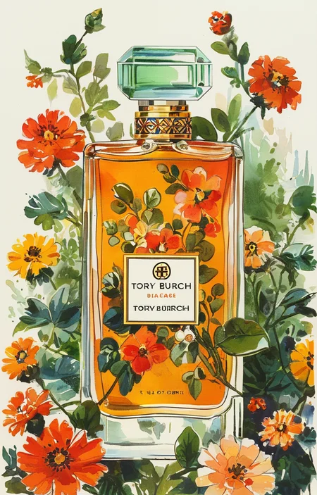 masterpiece,best quality,<lora:tbh317-sdxl:0.9>,illustration,style of Tory Burch A bottle of perfume in garden