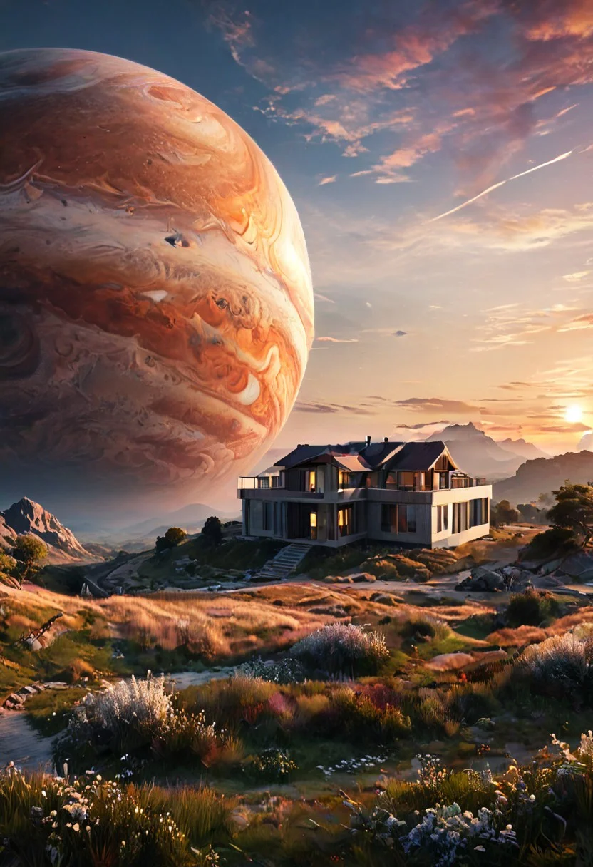 a serene landscape with a singular building at sunrise with a giant jupiter appearing in the sky, digital art, concept art, octane render, unreal engine 5, hyperrealistic, highly detailed, high quality, 4K, low contrast, soft lighting, path tracing, complementary colors, natural lighting, geometric <lora:add-detail-xl:0.7>, <lora:xl_more_art-full_v1:0.7>