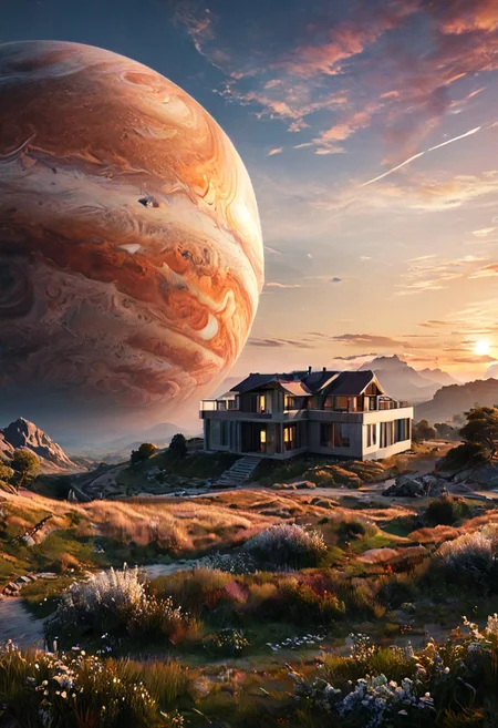 a serene landscape with a singular building at sunrise with a giant jupiter appearing in the sky, digital art, concept art, octane render, unreal engine 5, hyperrealistic, highly detailed, high quality, 4K, low contrast, soft lighting, path tracing, complementary colors, natural lighting, geometric <lora:add-detail-xl:0.7>, <lora:xl_more_art-full_v1:0.7>