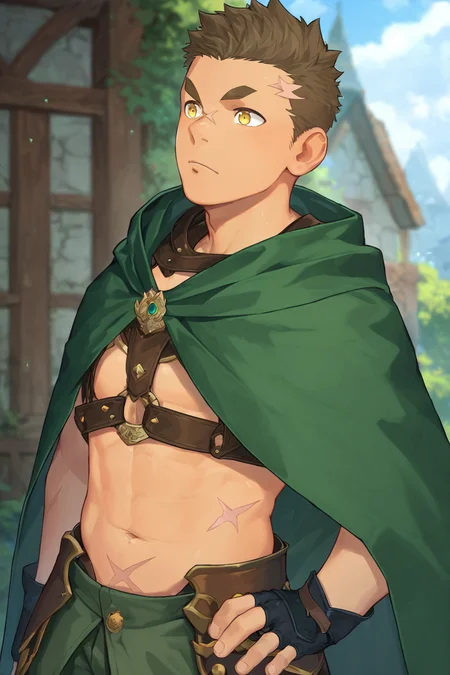 score_9, score_8_up, score_7_up,<lora:Rook10:0.8>, 1boy, solo, rook, short hair, brown hair, yellow eyes, thick eyebrows, scar, scar on face, armor, green cape, green pants, open belly, open clothing, fingerless gloves, harness, outdoors,