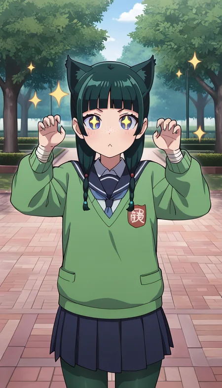 masterpiece, best quality, very aesthetic, absurdres,
solo, 1girl,

maomao, blue eyes, freckles, dark green hair, twin braids, blunt bangs, hair tie, 

dark green cat ears, sparkling eyes, cat pose, clawed hands,

School Uniform, green tights, short sleaves, bandages,

outside, park, 
