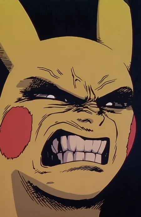 (artist: incase:0.4), good quality, best quality, highres, masterpiece, (traditional media, inked:0.6), anime screenshot, solo, portrait,
pikachu, pokemon, no humans, pokemon (creature), eyes, fists, mouth, teeth, angry, rage, upset, annoyed,
<lora:Great Teacher Onizuka NoobAI V-Pred-000080:0.75>